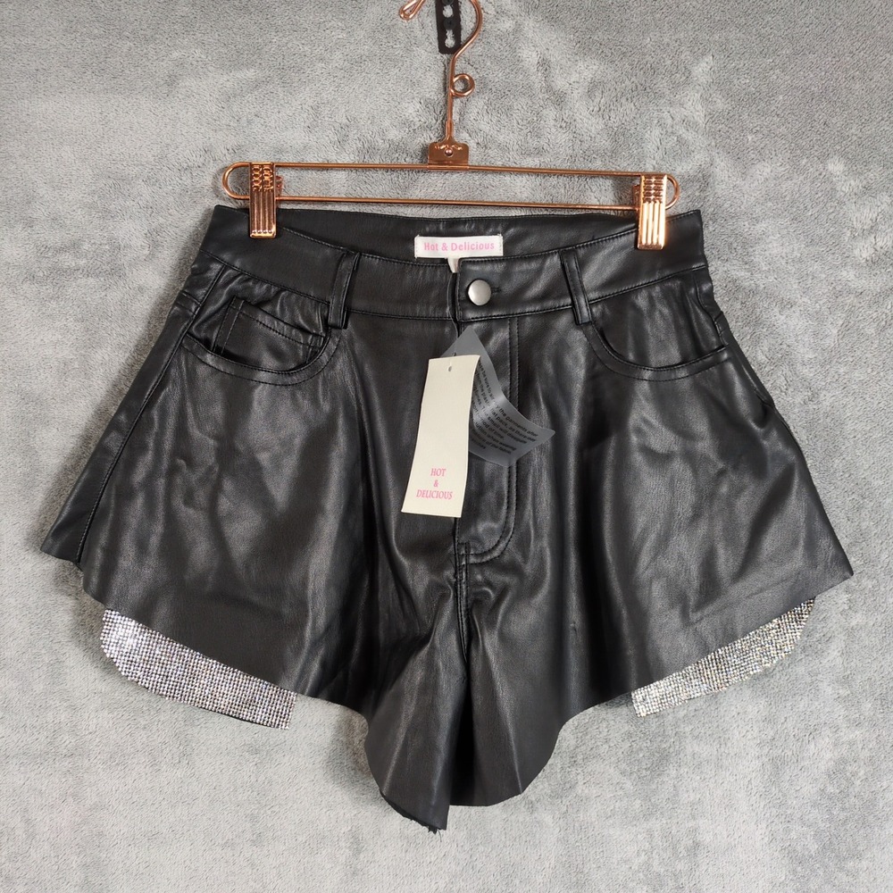 Hot & Delicious Black Faux Leather Rhinestone Hem Shorts Womens S NWT